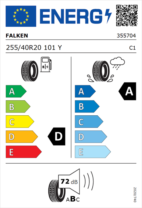 Tyre Label for Falken Azenis RS820 255/40R20 101Y